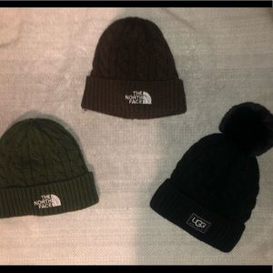 Two NorthFace and one Ugg beanie